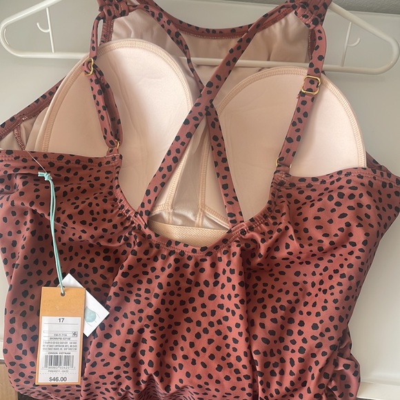 Kona Sol Brown Spotted Print High Neck Ruched One Piece Swimsuit - Picture 6 of 9